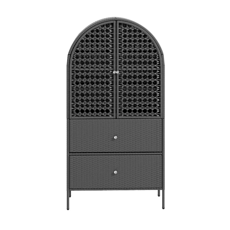 Moasis 65 Tall Arched Wicker Kitchen Pantry Cabinet,Farmhouse Cupboard with 3 Shelves & 2 Drawers
