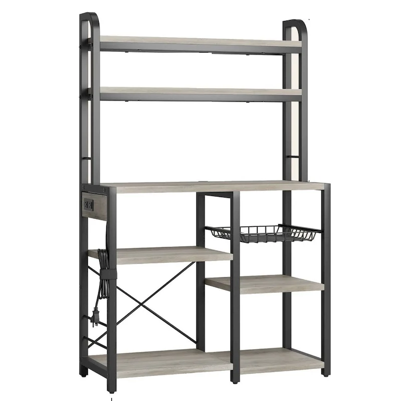 Kitchen Bakers Rack with Power Outlet, Wire Basket