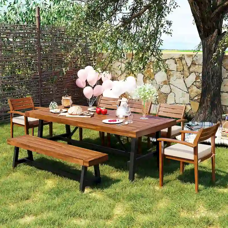 Outdoor Wood Dining Set For 7-8 Person,Dining Furniture With Removable Cushions, Ergonomic Chairs And Bench, Thicker Table
