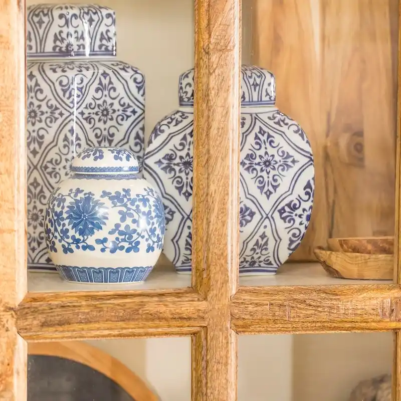 Solid Mango Wood Clear Tempered Glass Window Pane Curio Cabinet