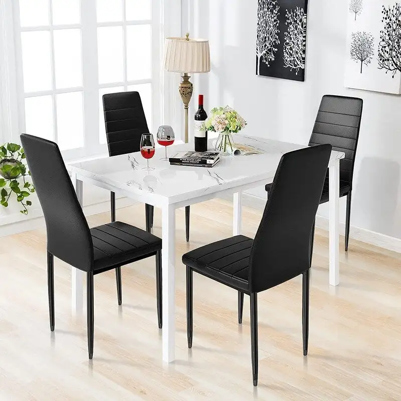 Modern 5-Piece Kitchen Dining Set, Counter Height Dinette Set with Marble Look Top and 4 Upholstered PU Leather Chairs