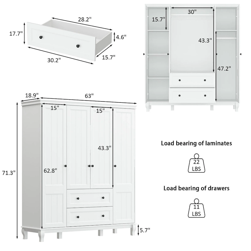 Home Traditional 2 Drawer Freestanding Wood Armoire in White Lacquer - 63Wx71.3