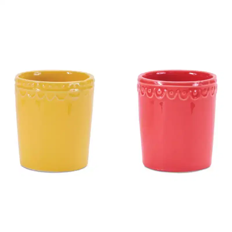 HomeRoots Set of Two Pink And Yellow Ceramic Rectangular Cachepots