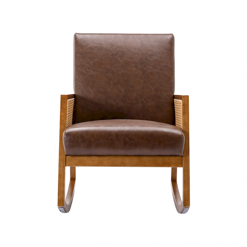 SEYNAR Modern PU Leather Rocking Chair with Rattan Arms