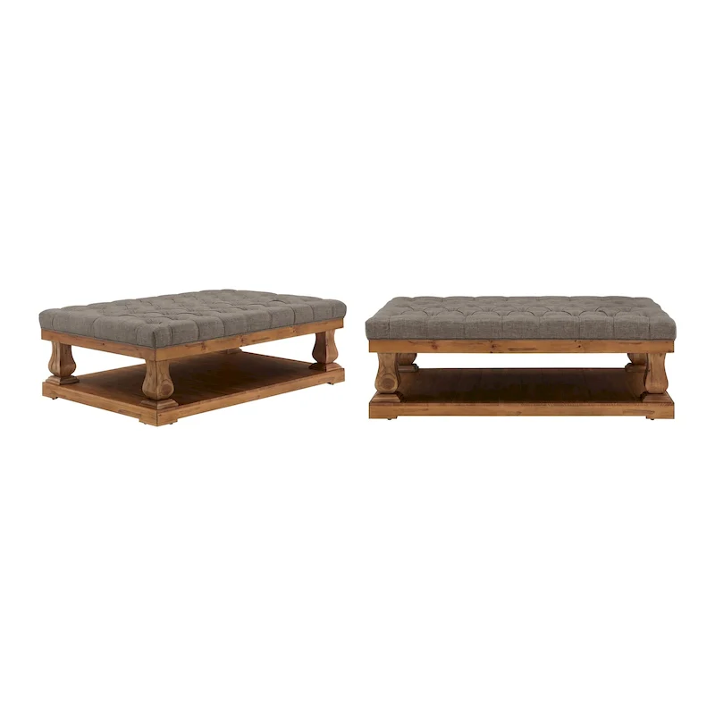 Grey / Dark Grey Linen Button-Tufted Rectangular Ottoman with Lower Shelf