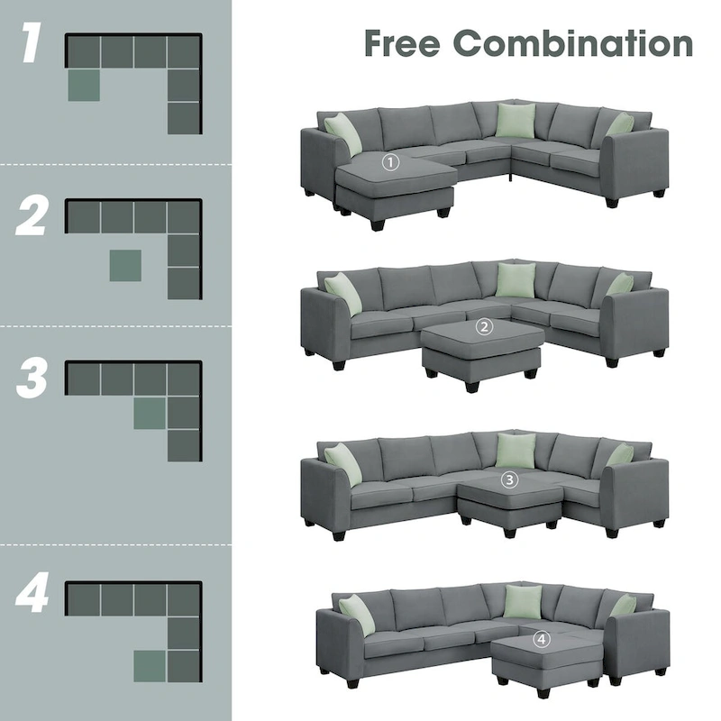 112-inch L-shaped 7-seat Modular Sectional Sofa with Ottoman and Three Pillows - 112W x 87D x 33H