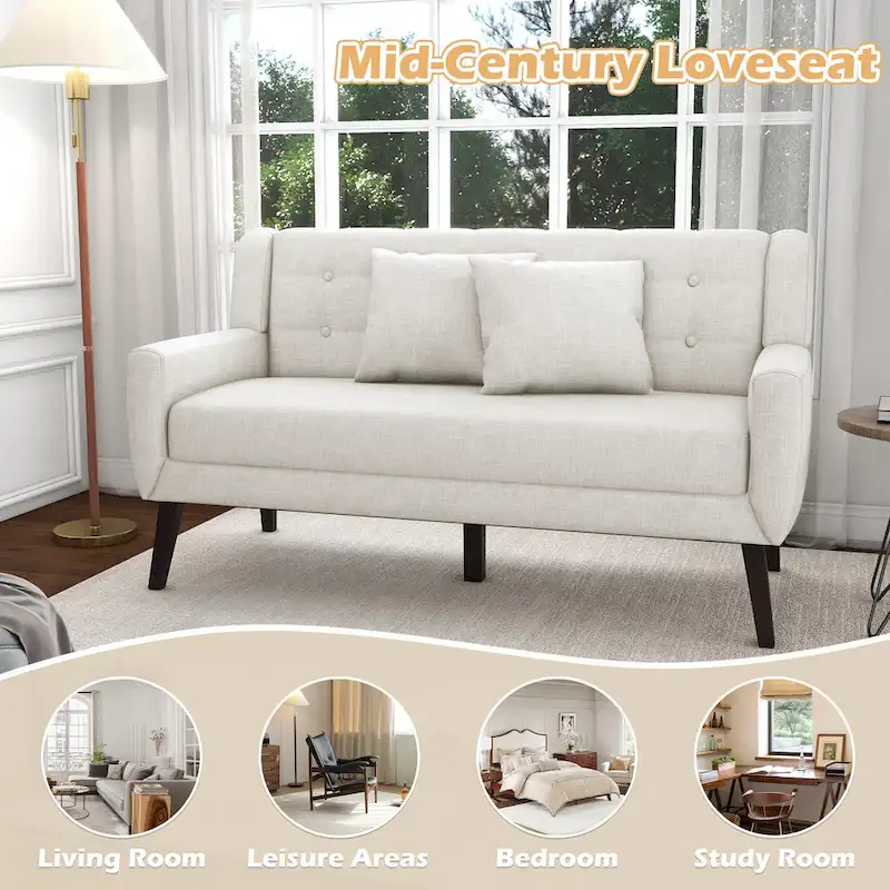 Modern Curved 63 Button Tufted Upholstered Loveseat with 2 Pillows