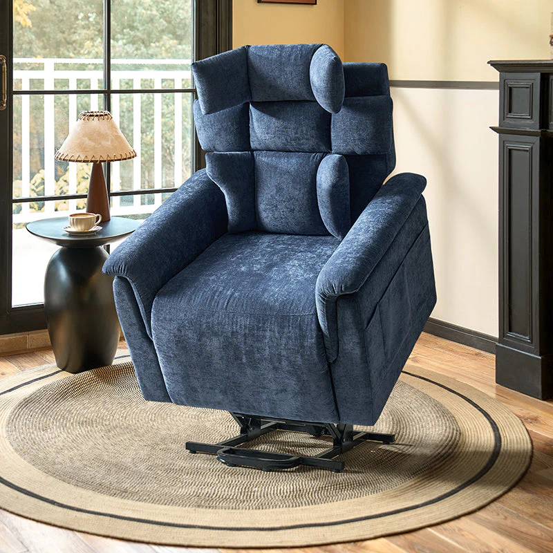 Power Lift Recliner with Airbag Back Massage, Heat Therapy & Adjustable Head and Lumbar Support | Navy / Beige | Single Seat