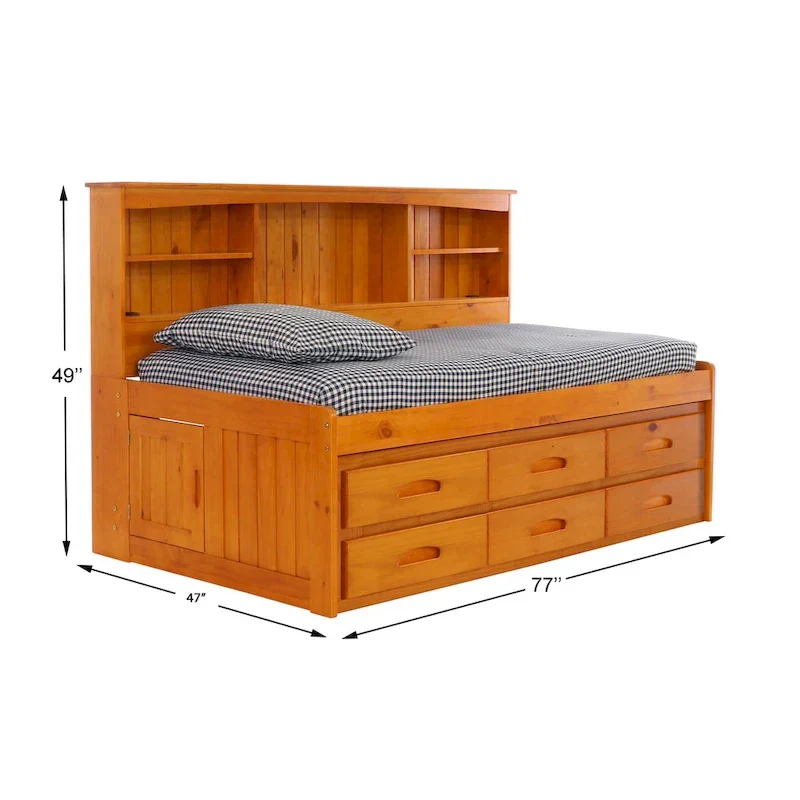OS Home and Office Furniture Model , Solid Pine Twin Daybed with Six Drawers in Warm Honey