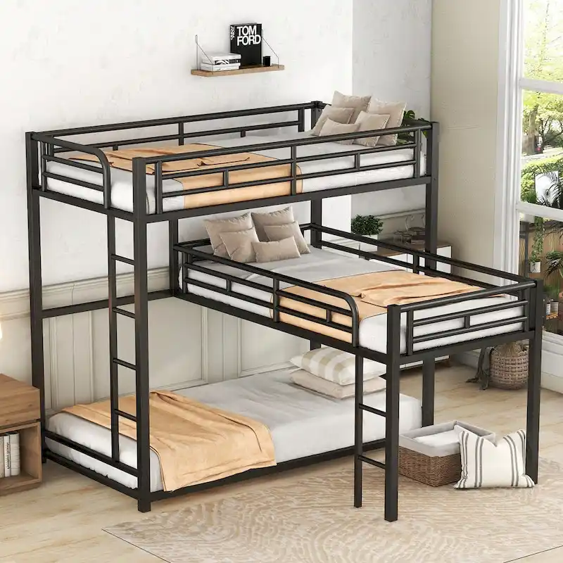 Black L-Shaped Metal Triple Bunk Bed, Twin Size, Sleeps 3
