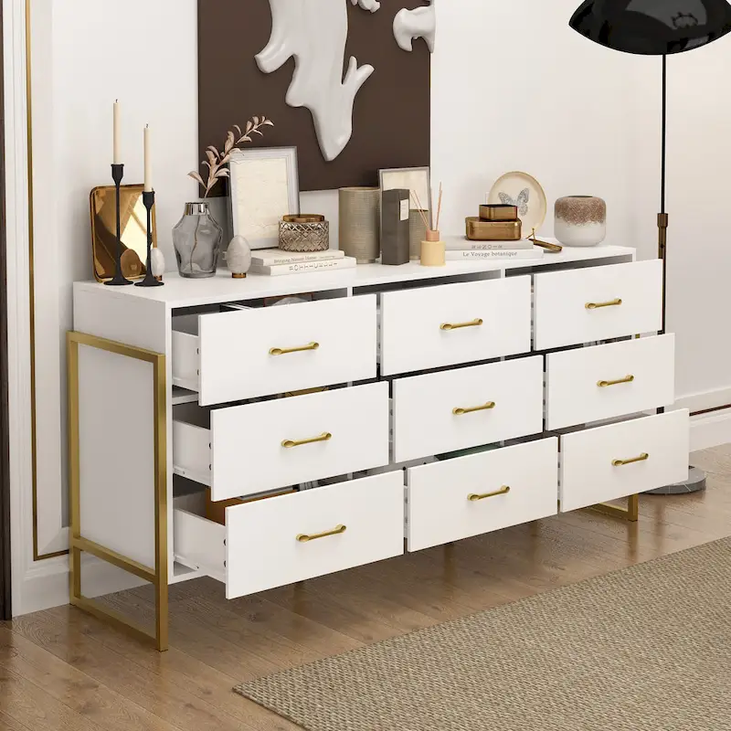 61.4W Modern Black Dresser with 9 Spacious Drawers - Gold Handles