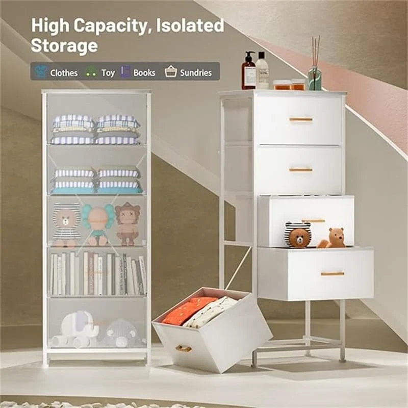 Tall 5-Drawer Storage Tower Dresser – Faux Leather Front, Space-Saving Design for Bedroom, Closet & Office