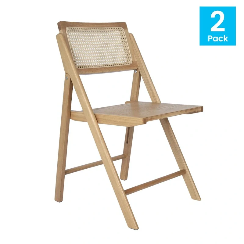 2 Pack Commercial Cane Rattan Folding Chairs - Wood Backs and Seats