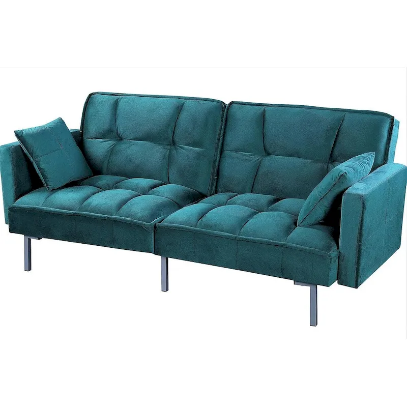 Regal Convertible Sleeper Sofa Bed Velvet Pull Out Couch with Mid-Century Style Tufted Design and Metal Legs