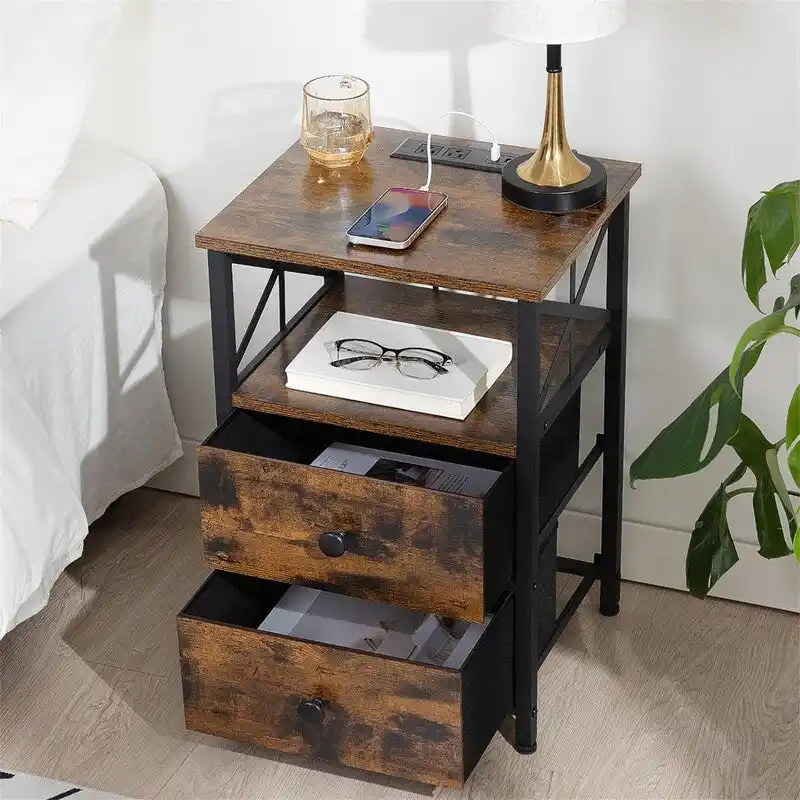 Nightstand with Charging Station and Fabric Drawers