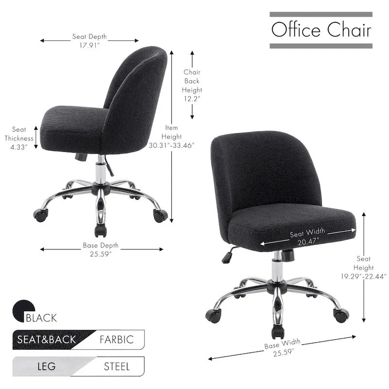 Peli Sherpa Fabric Armless Office Chair with Steel Roller Casters