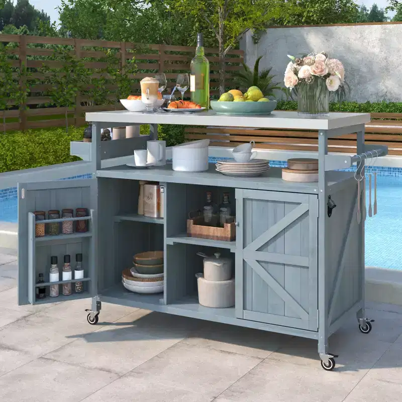 JVNOXK Outdoor Mobile Kitchen Island & Storage Cabinet Farmhouse Style Stainless Steel Countertop Spice Rack Suitable for Kitchens Gray-Blue