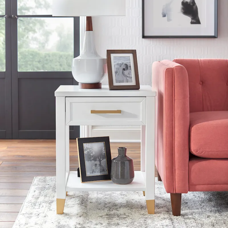 Mid-Century End Table with Drawer and Shelf – White