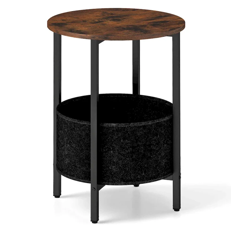 Brown & Black Round Side Table with Felt Basket, X-Frame | 1 or 2 PCS