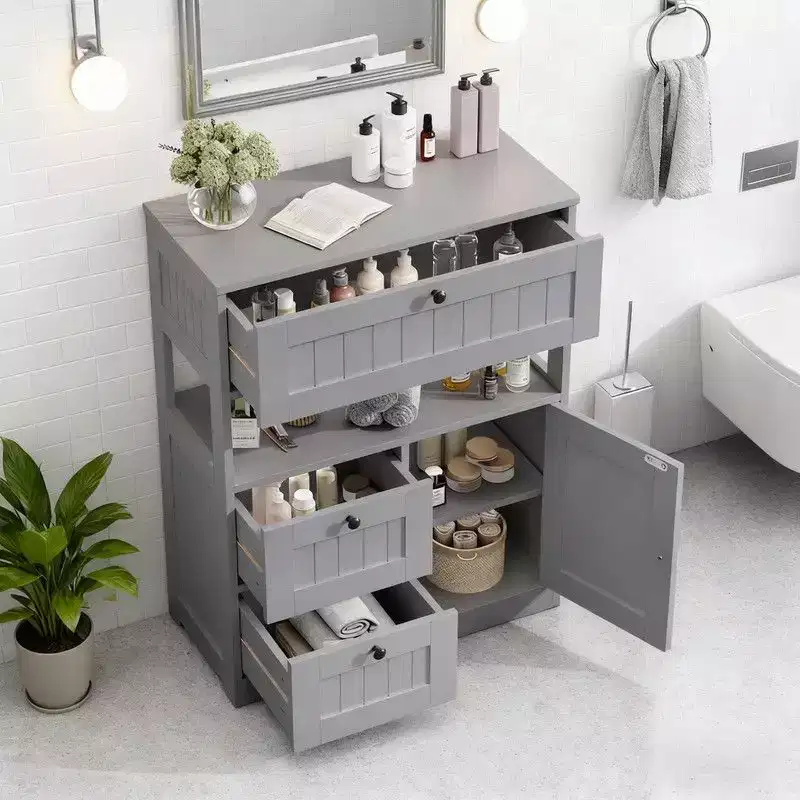 Hyleory Modern Bathroom Storage Cabinet with Drawer, Open Shelf & Adjustable Door Compartment
