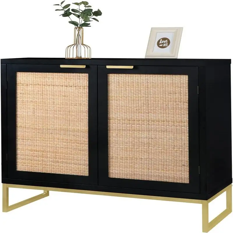 Black Rattan Door Storage Cabinet, 2-Door, 31.5W x 13.8D x 29.4H in