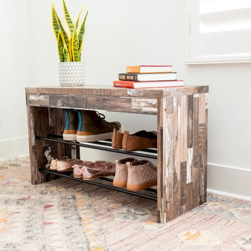 Two-Tier Shoe Bench - Brown Distressed Wood with Iron Shelves