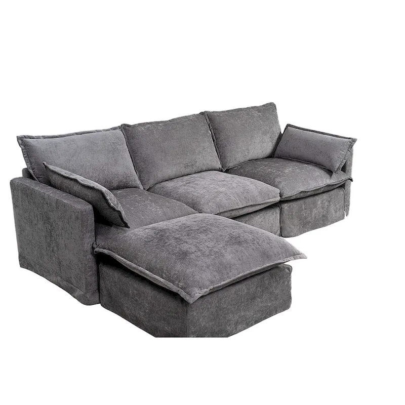 93.31 Faux Linen Modular Sectional Sofa with Ottoman, Wood Frame