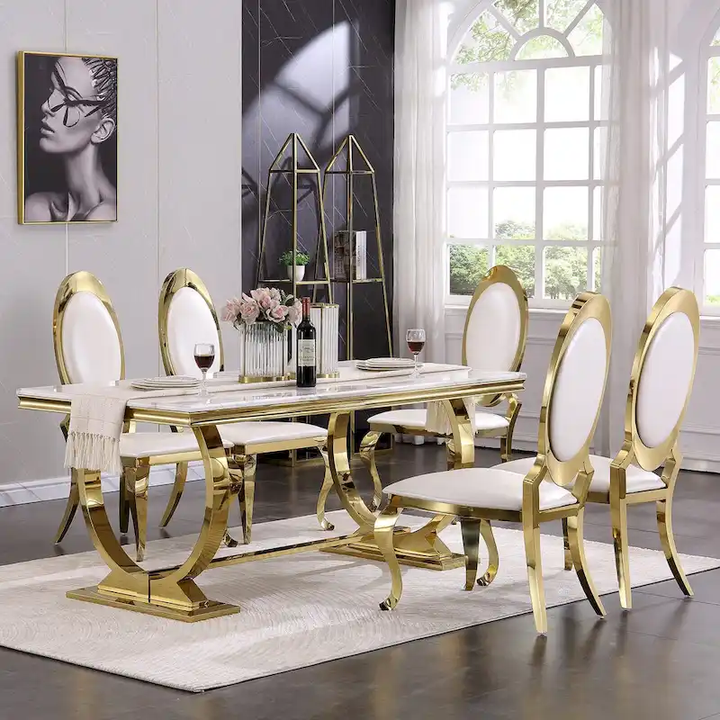 Modern Dining Room Table with Stainless Steel Metal U-Base
