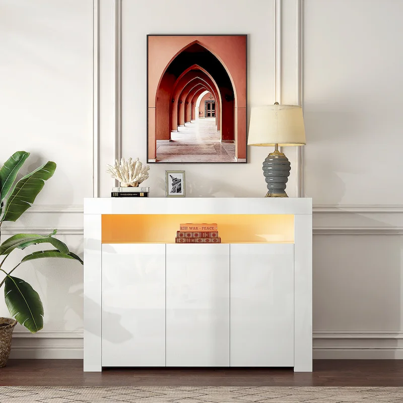 White/White+Gray/Black High Gloss Sideboard Storage Cabinet with 3 Doors, Open Cubby & LED Lights (16 Colors, Remote Control)