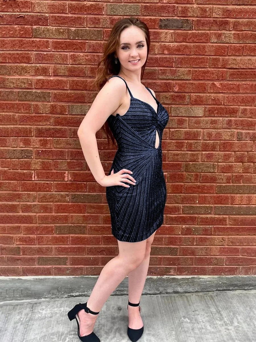 Navy Blue - Satin Spaghetti Straps Beaded Homecoming Dress With Keyhole