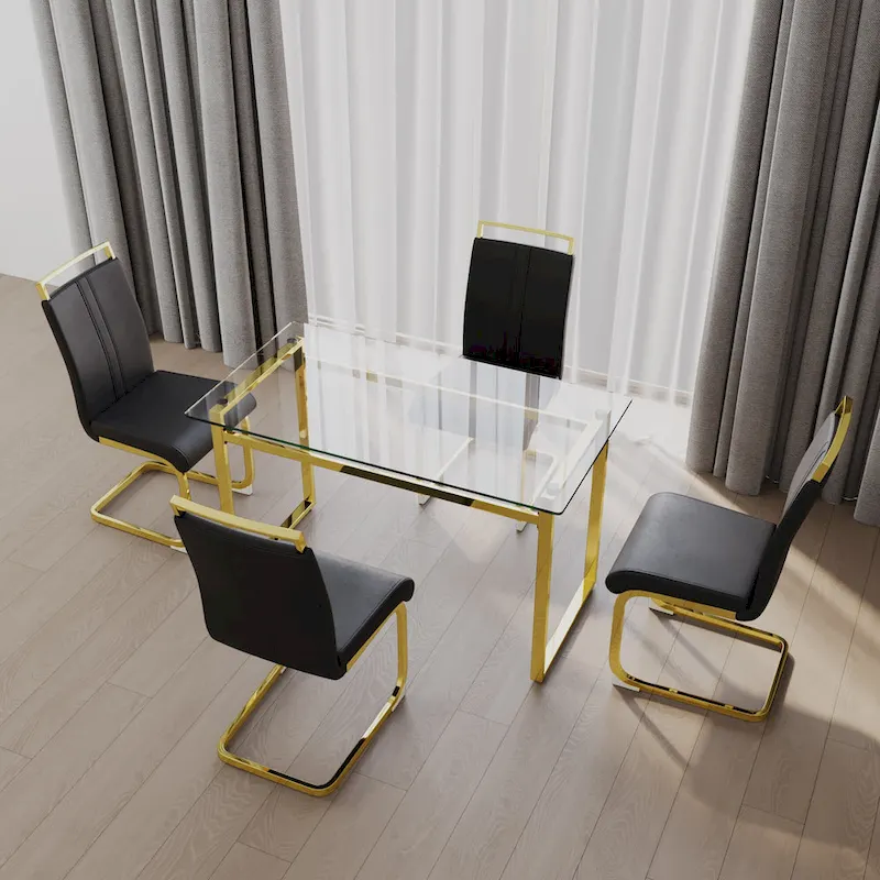 Modern Style 5-Piece Dining Set with Rectangular Tempered Glass Table and High Back Golden Plating Legs Dining Armless Chairs