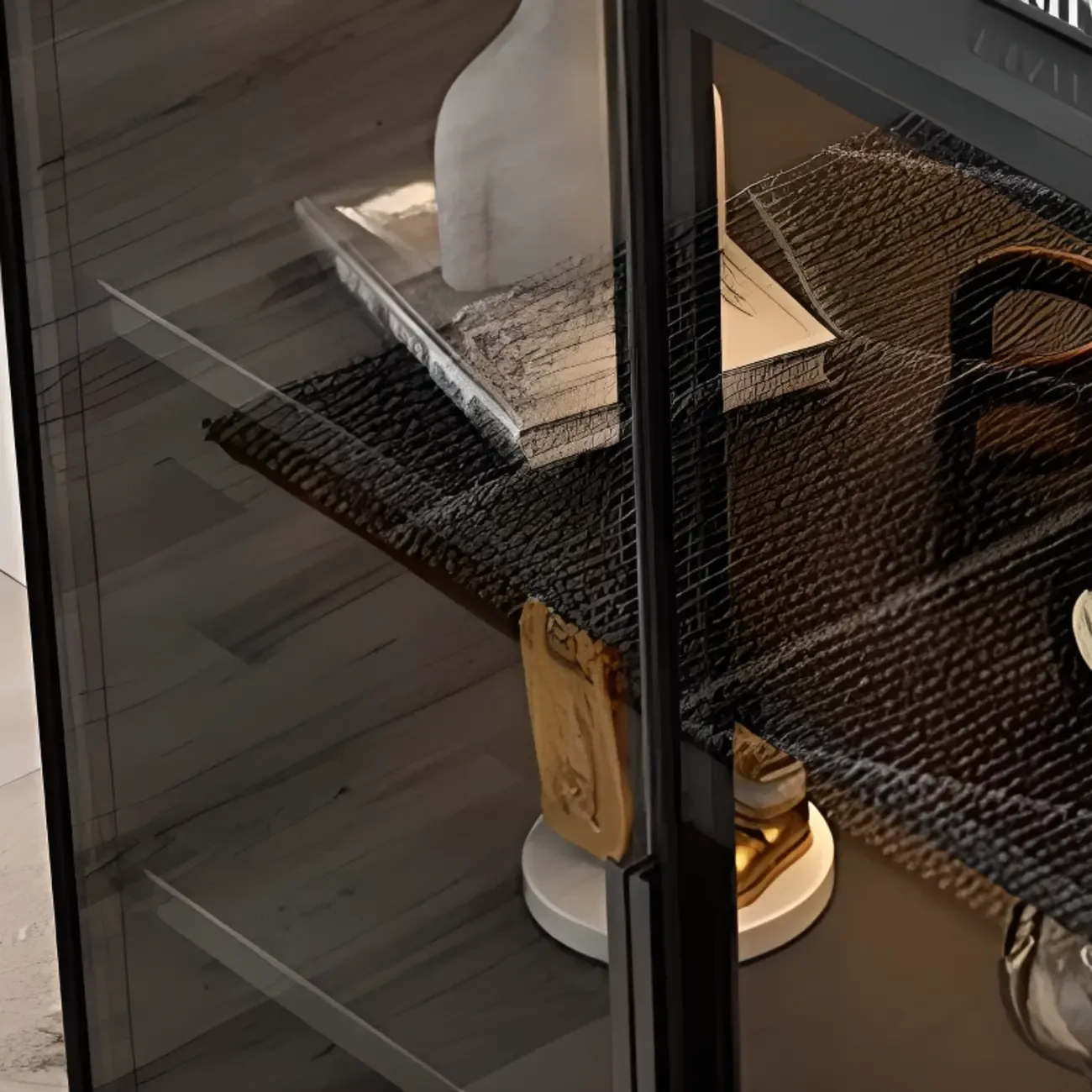 Large 3 Shelves Glass Wood Black Sideboard with LED Light