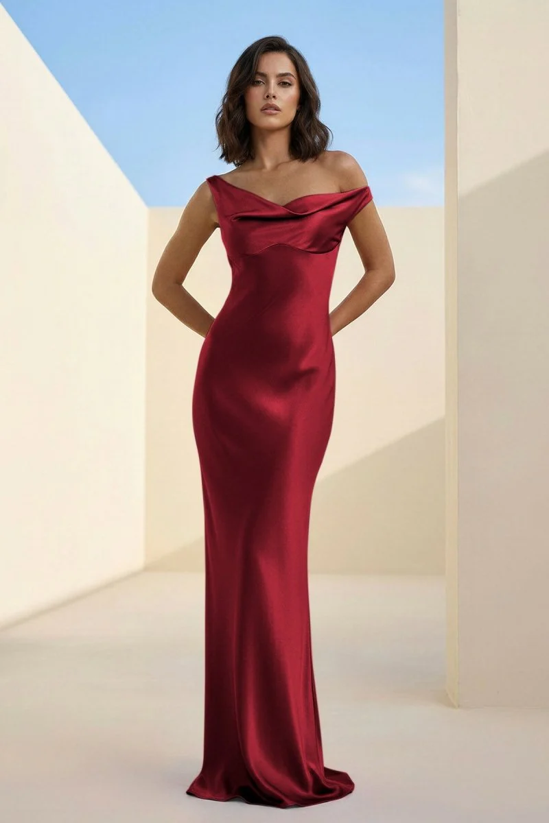 Fuchsia - One Shoulder Sheath Satin Long Prom Dresses