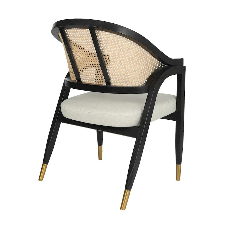 Cane Rattan Dining Chair with Upholstered Seat and Armrests