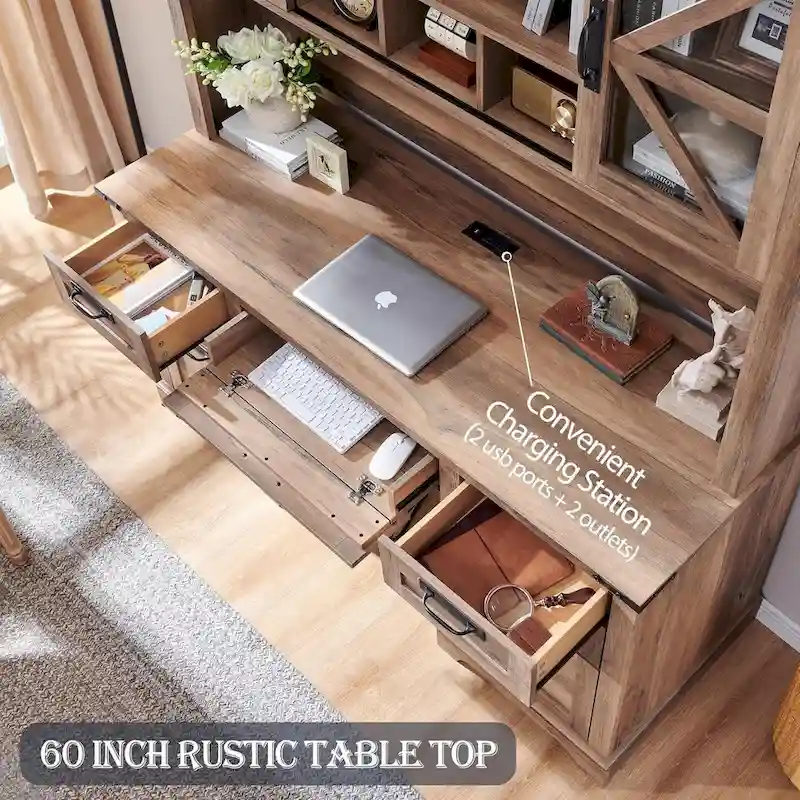 Farmhouse Desk, Wood Home Office Executive Desk with Charging Station