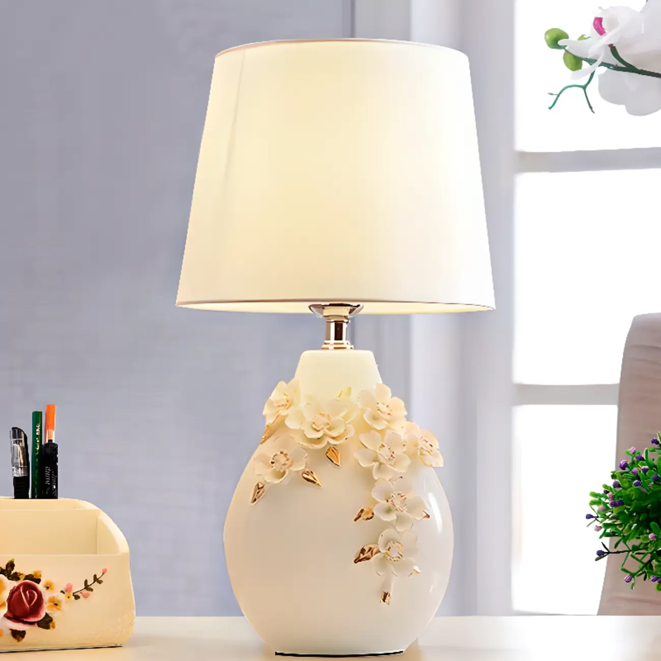 White Ceramic Ceramic Carved Table Lamp with Fabric Lampshade