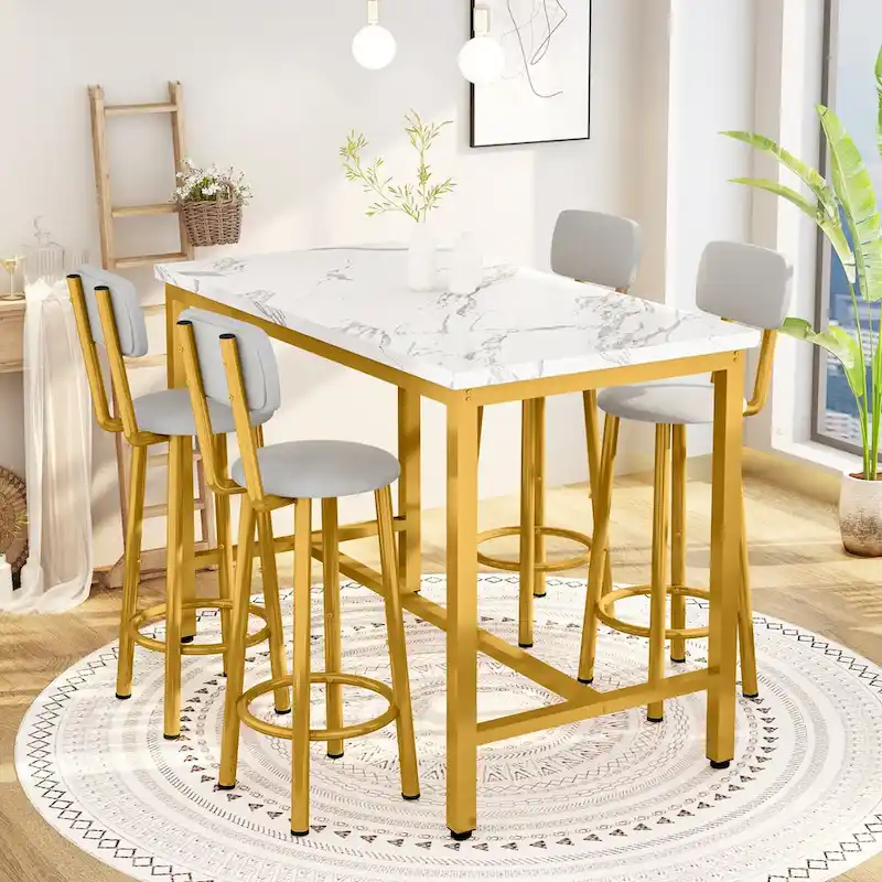 Mieres Modern Style 5 Pieces Dining Table Set, Faux Marble Top Bar Table with 4 Upholstered Bar Stools