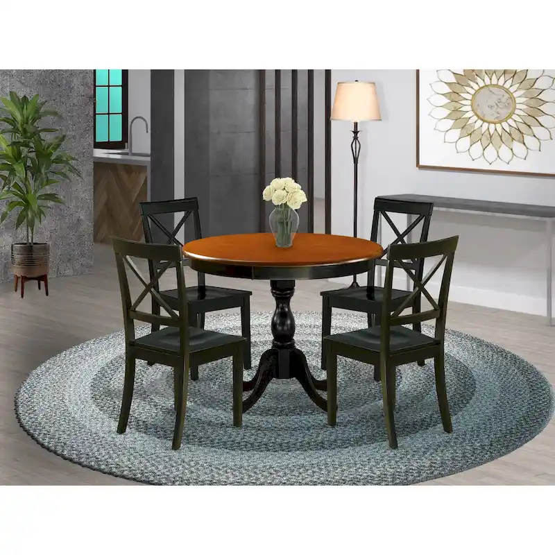 East West Furniture 3 Piece Kitchen Table Set- A Round Dining Table and Wooden Seat Chairs, Black & Cherry (Pieces Options)