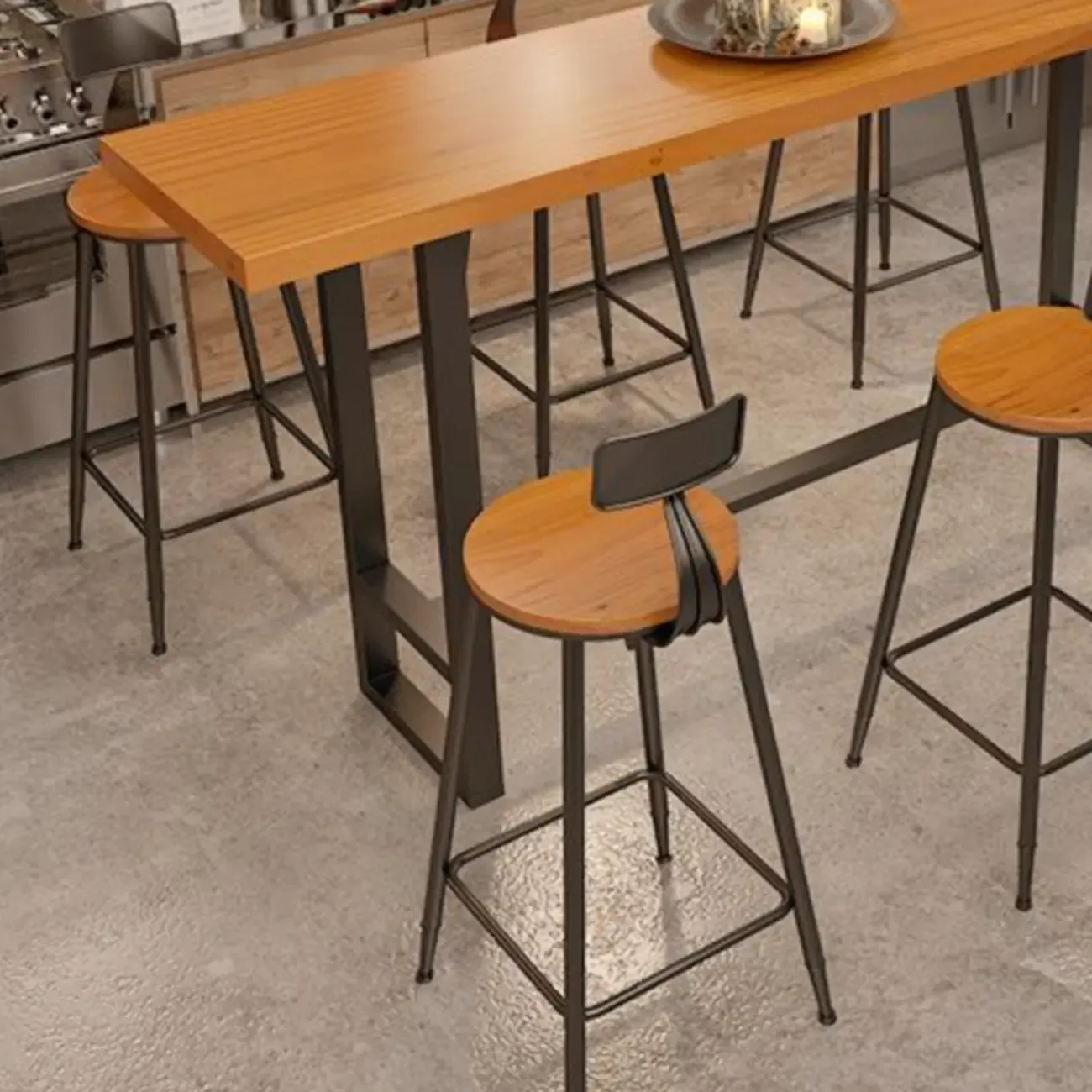 Industrial Wood Bar Table Set with Black Metal Base