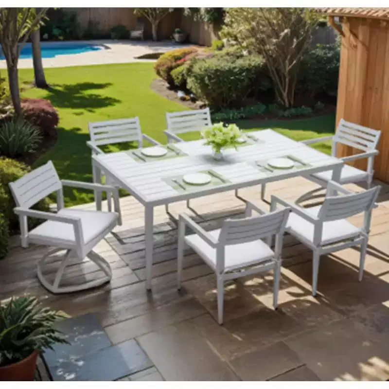 Outdoor Aluminum Dining Table, 40 x 70 Rectangular Table with Tapered Legs and Umbrella Hole, Matte White + Grayish Finish