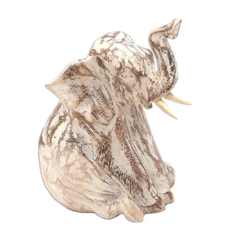 Novica Handmade Rustic Sitting Elephant Wood Sculpture