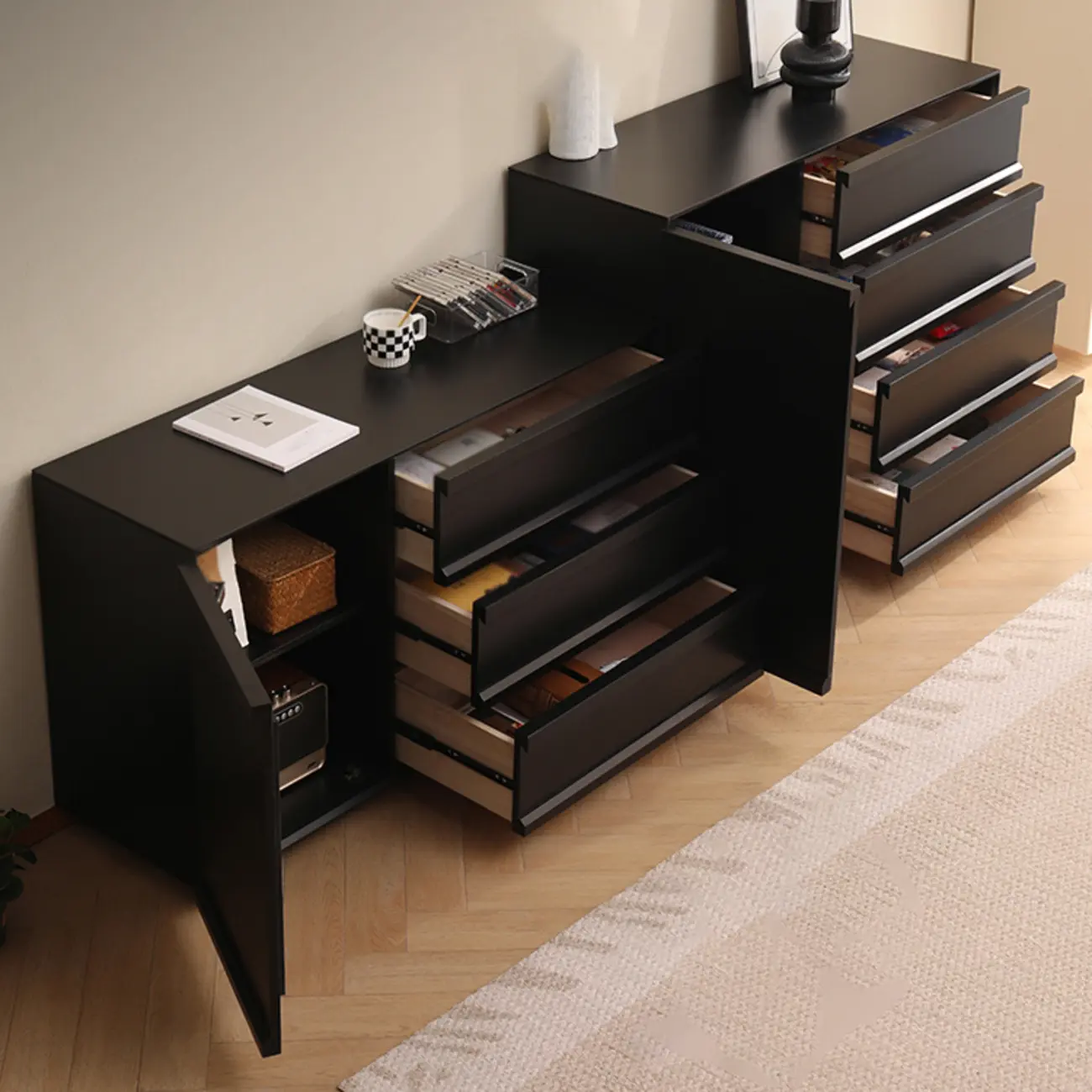 Industrial Wood Dresser with Drawers and Smooth Metal Rail