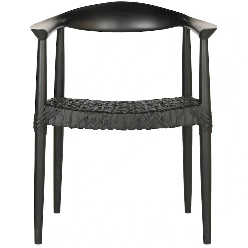 Black / White Mid-Century Modern Woven Dining Arm Chair with Wood Legs – Single