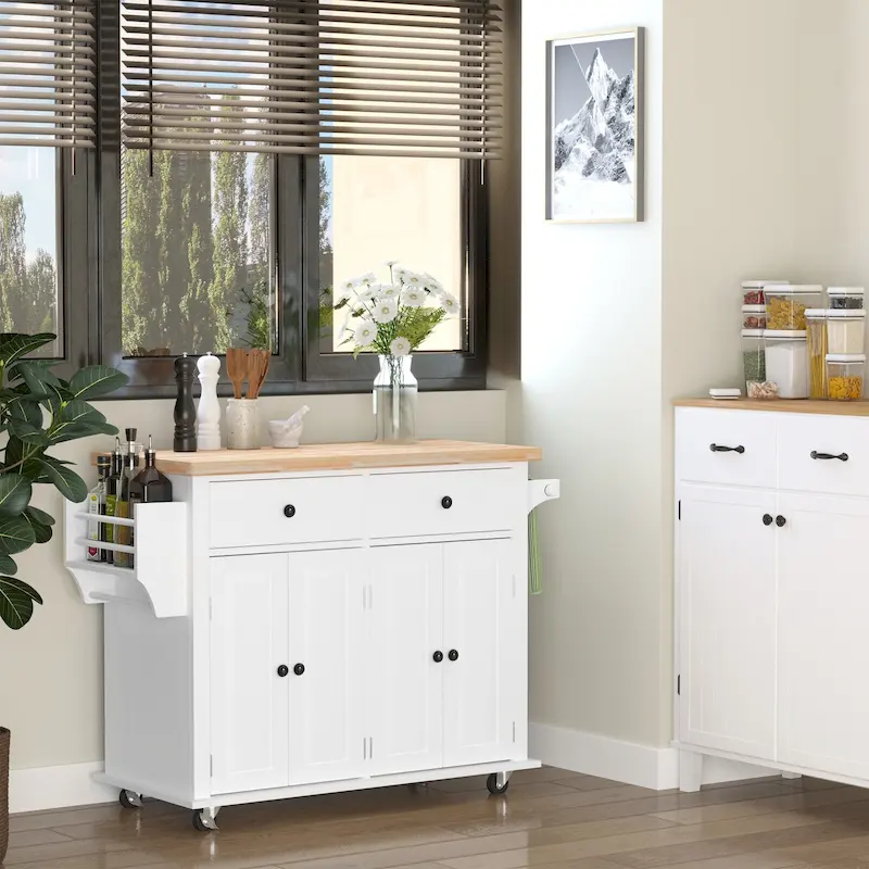 Rolling Kitchen Island Cart with Rubberwood Top, Spice Rack, Towel Bar & Drawers