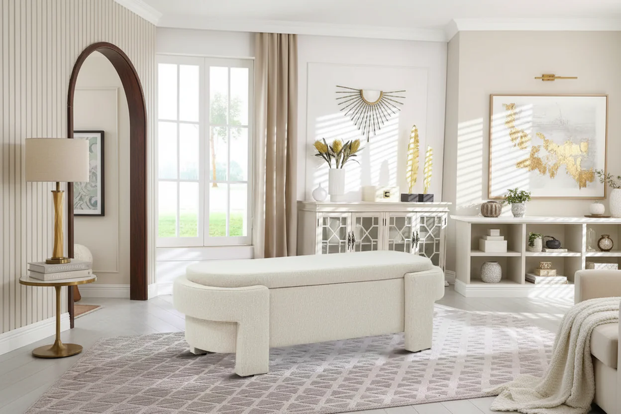 French Minimalist Fabric Upholstered Storage Bench with Four Upholstered Legs