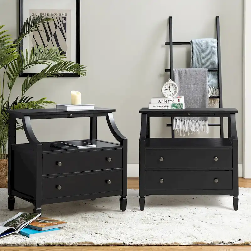2-Drawer Nightstand with Built-In Outlets and Pull-Out Tray