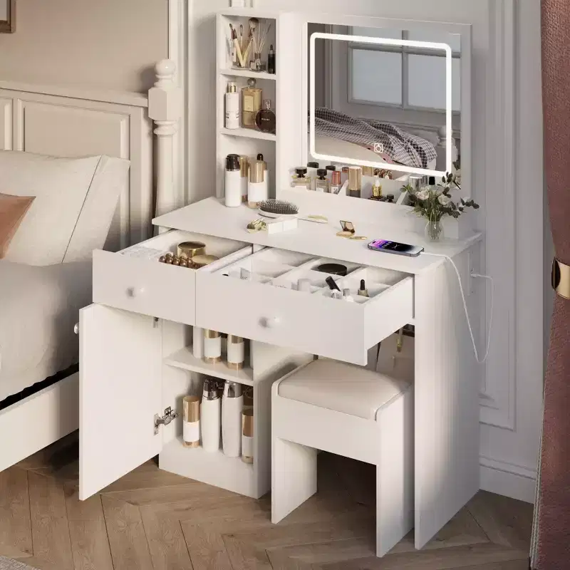 35.4W Elgant Vanity Table with 2 Big Drawers and Chair, Vanity Mirror with 3-Colors LED Light for Makeup, White 4W - ModernLuxe