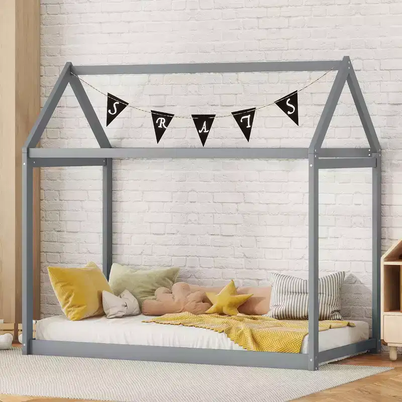 Okak Twin Size House-Shaped Roof Wooden Bed Frame, Modern Floor Bed for Toddlers/Kids Bedroom