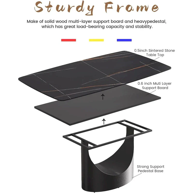 71  Black Marble Sintered Stone Table Top,Rectangle Dining Room Table with Unique U-Shape Black Carbon Steel Pedestal