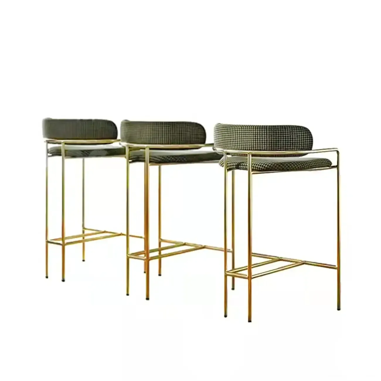 Art Deco Gold Green Cotton Upholstered Bar Stool
